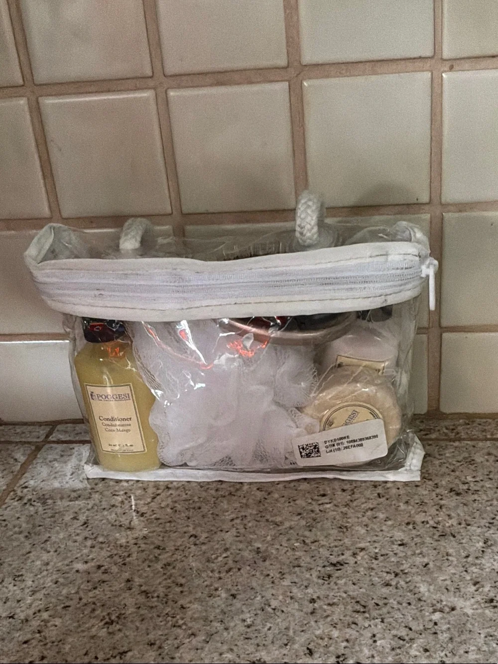 Clear White Bath Kit with Conditioner, Soap, Hairbrush, Pouf